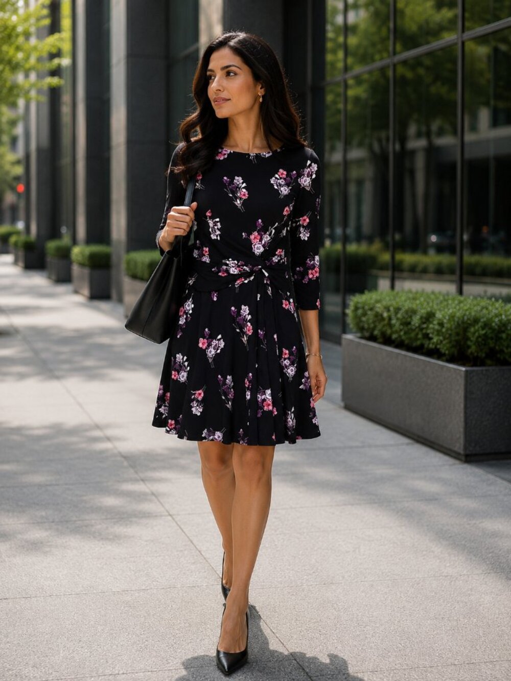 Floral Jersey Dress Black Pink 3/4 Sleeve Fit & Flare Women's Size Small